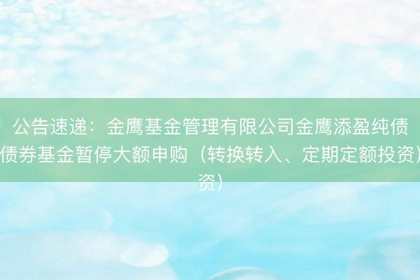 公告速递：金鹰基金管理有限公司金鹰添盈纯债债券基金暂停大额申购（转换转入、定期定额投资）