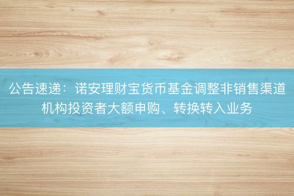 公告速递：诺安理财宝货币基金调整非销售渠道机构投资者大额申购、转换转入业务