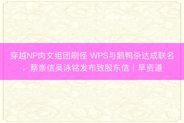 穿越NP肉文组团刷怪 WPS与鹅鸭杀达成联名；蔡崇信吴泳铭发布致股东信｜早资道